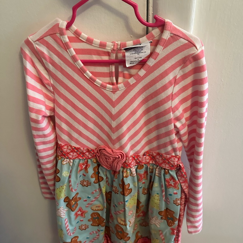 Pink Striped Long Sleeve Dress with Festive Skirt